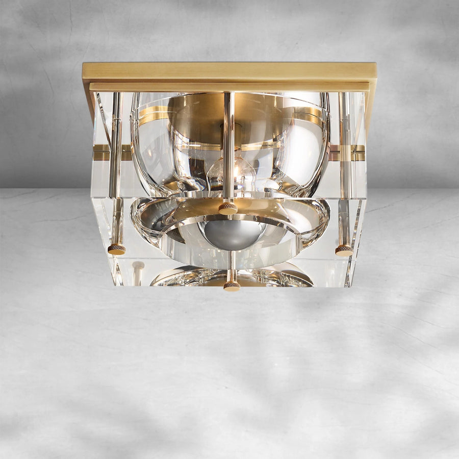 Square Crystal Block and Sand-Cast Brass Flush Mount