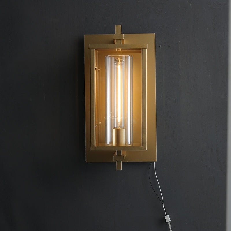 Square Glass Enclosure Brass Wall Sconce