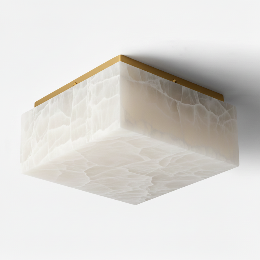 Square Hand-Carved Alabaster and Brass Flush Mount