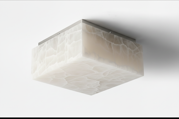 Square Hand-Carved Alabaster and Brass Flush Mount