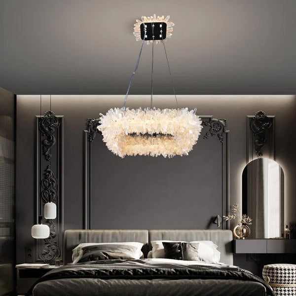 Square Rock Crystal and Chrome Chandelier