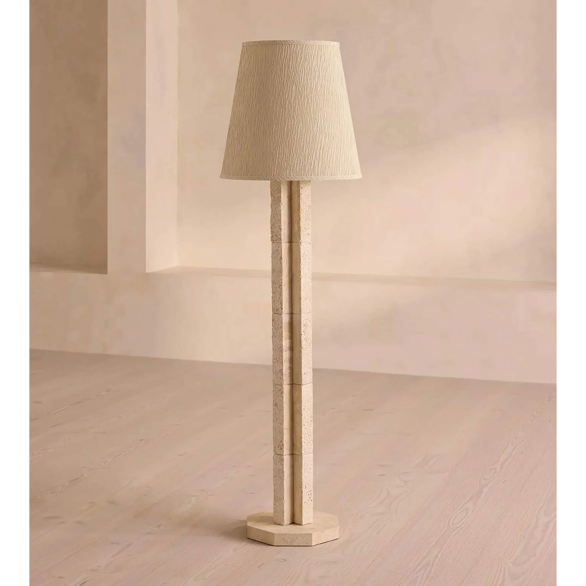 Stacked Travertine Block Floor Lamp with Pleated Shade