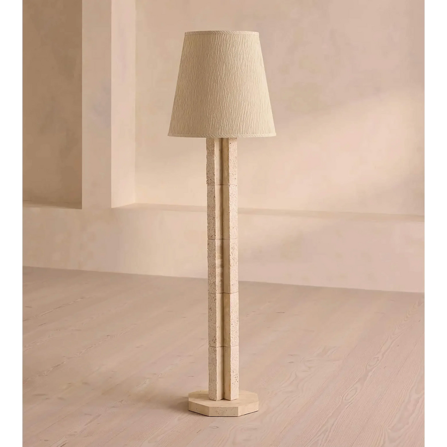 Stacked Travertine Block Floor Lamp with Pleated Shade