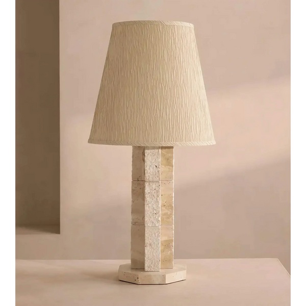 Stacked Travertine Block Table Lamp with Fabric Shade