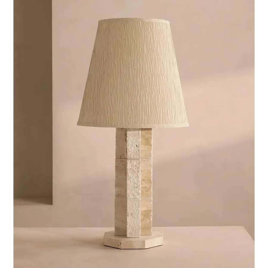 Stacked Travertine Block Table Lamp with Fabric Shade