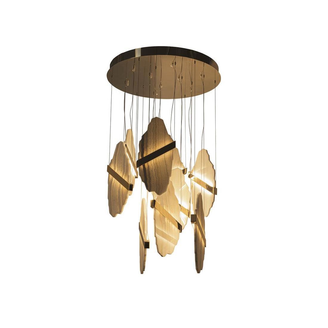 Staggered Alabaster Cluster Chandelier with Steel Bars