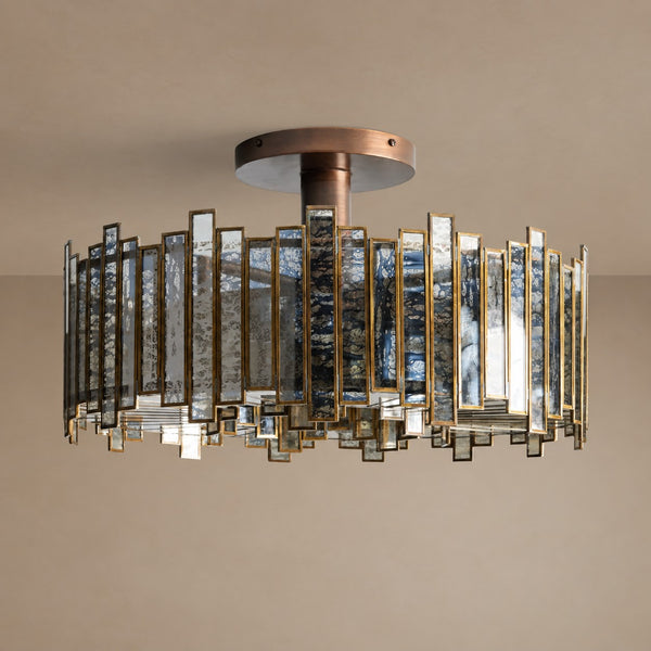 Staggered Antiqued Mirror Drum Brass Flush Mount