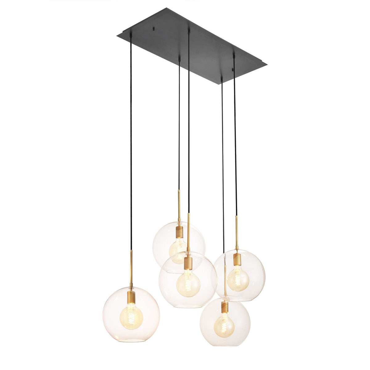 Staggered Clear Glass Globe Linear Brass Chandelier