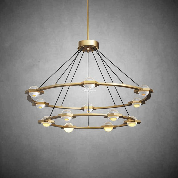 Stepped Double Ring Brass Chandelier with Glass Orbs