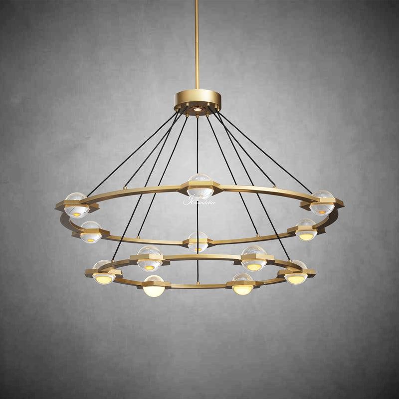 Stepped Double Ring Brass Chandelier with Glass Orbs