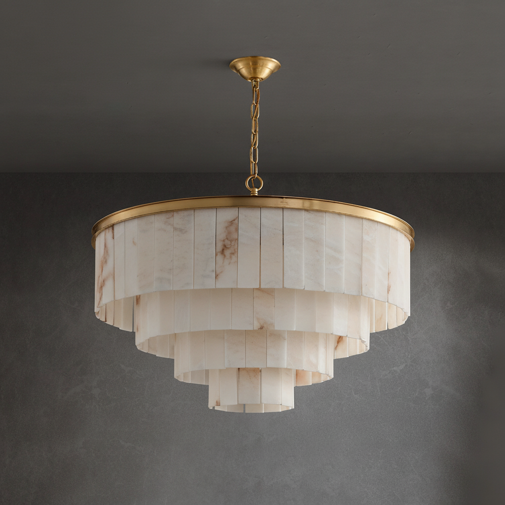 Stepped Tiered Alabaster Ring Brass Chandelier