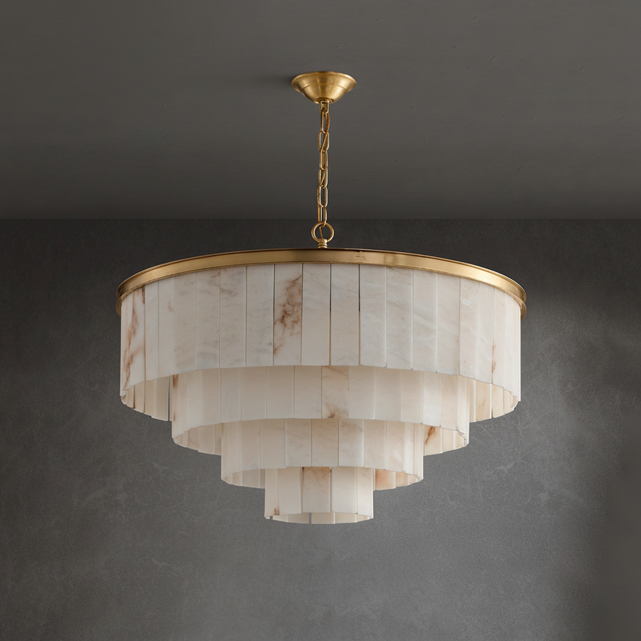 Stepped Tiered Alabaster Ring Brass Chandelier