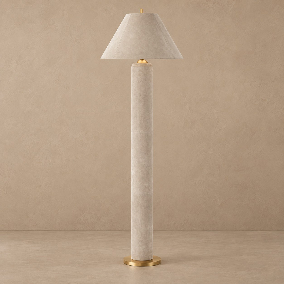 Stitched Beige Leather Drum Shade Floor Lamp