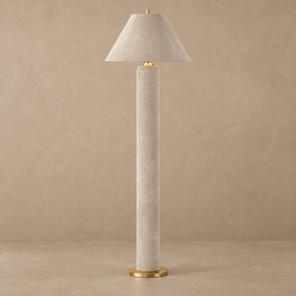Stitched Beige Leather Drum Shade Floor Lamp