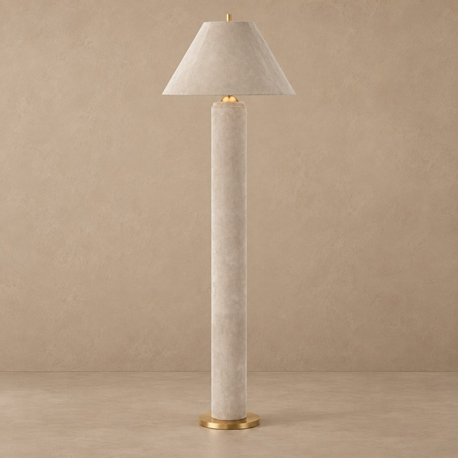 Stitched Beige Leather Drum Shade Floor Lamp
