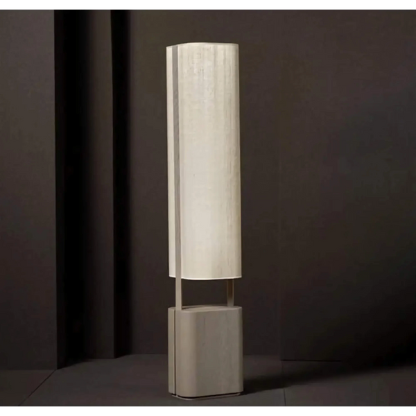 Stone-Textured Resin Column Floor Lamp with Oval Linen Shade