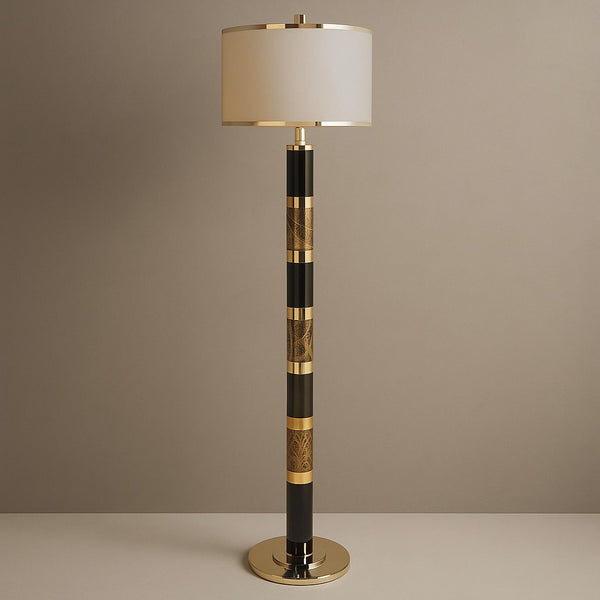 Striped Marble and Brass Floor Lamp with Velvet Drum Shade
