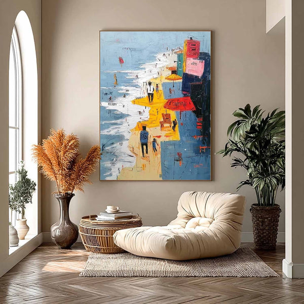 Sunlit Beach Promenade in Blue