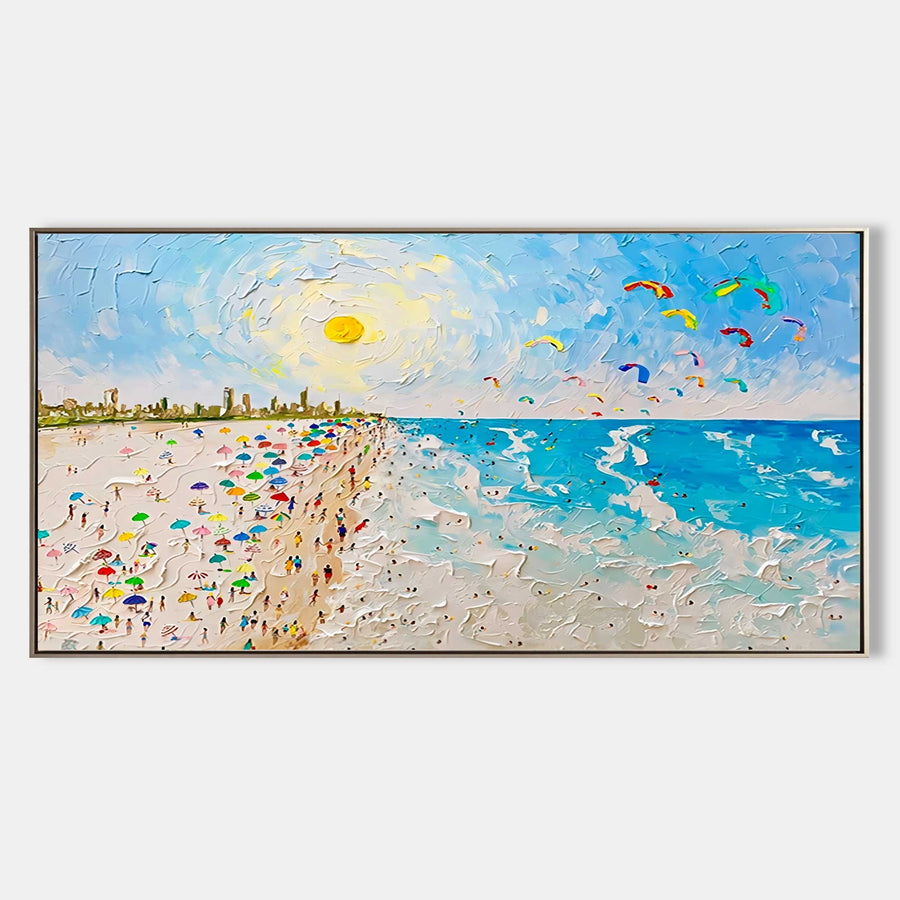 Sunlit Beach with Colorful Kites