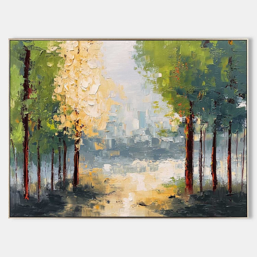 Sunlit Forest Path Toward the City