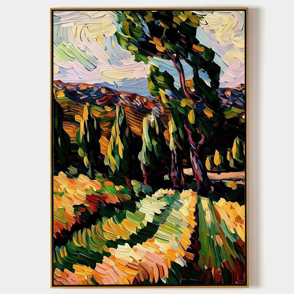 Sunlit Orchard Rows and Windswept Trees
