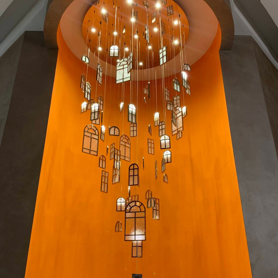 Suspended Glass Pane Cluster Steel Chandelier