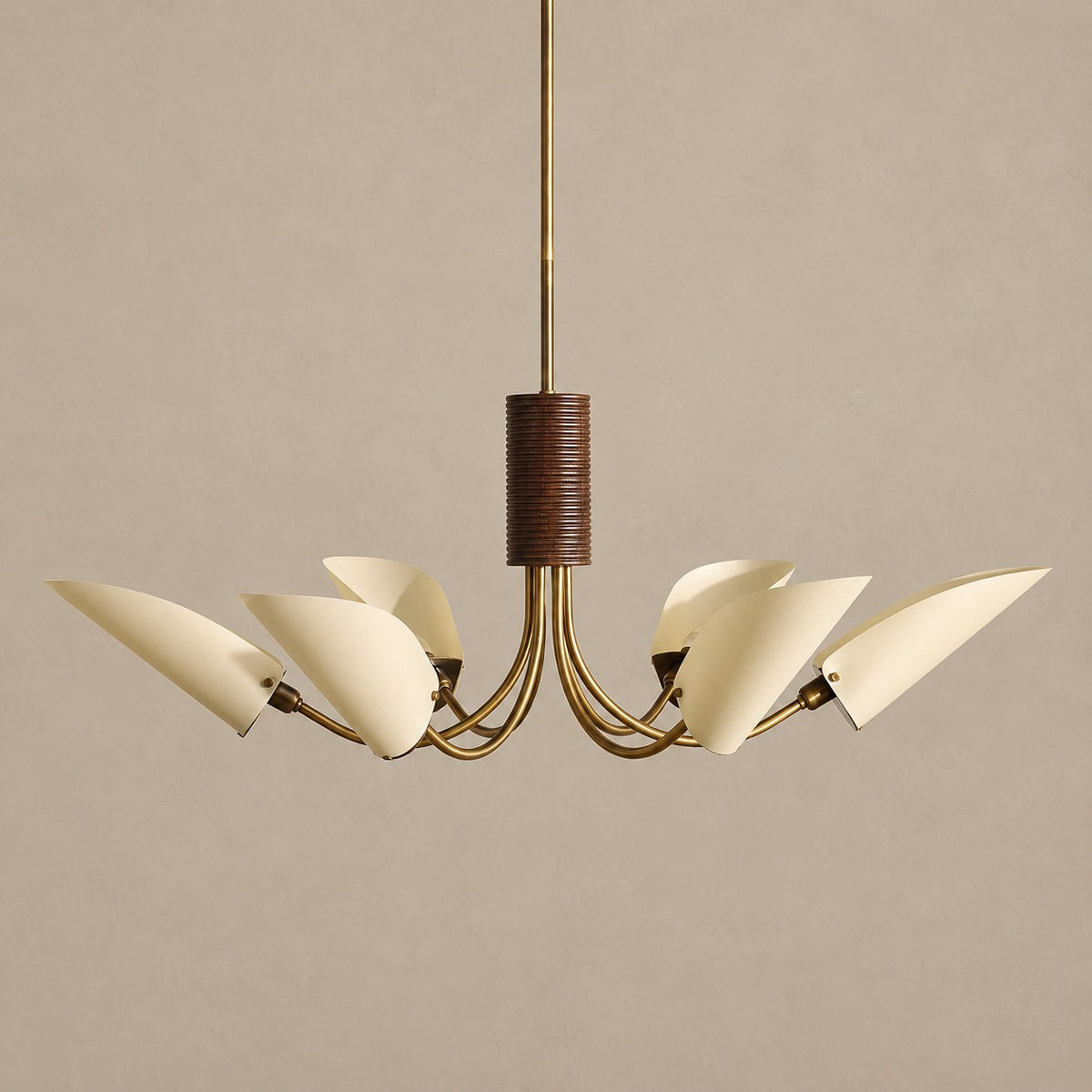 Sweeping Aged Brass Arm Fabric Shade Chandelier