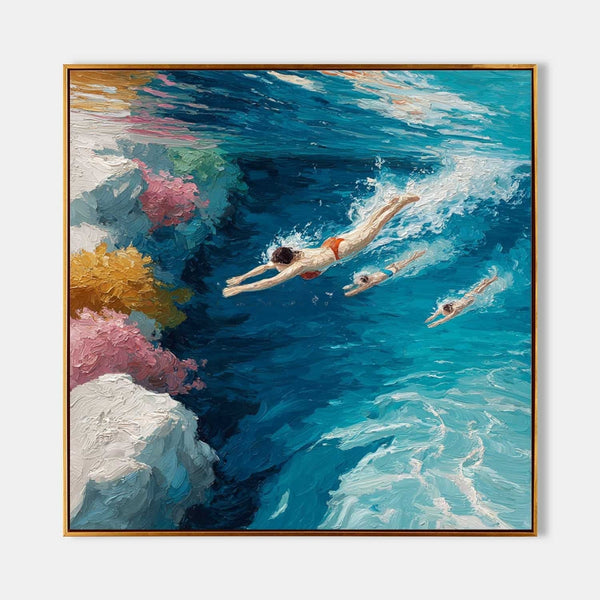 Swimmers Diving Into Turquoise Sea
