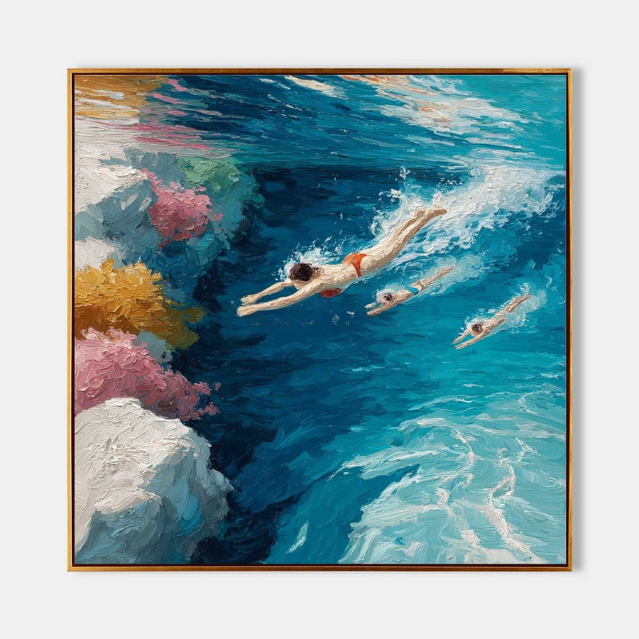 Swimmers Diving Into Turquoise Sea
