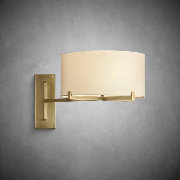 Swing Arm Brass Wall Sconce with Linen Drum Shade