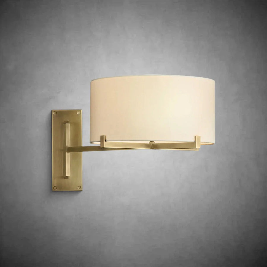 Swing Arm Brass Wall Sconce with Linen Drum Shade