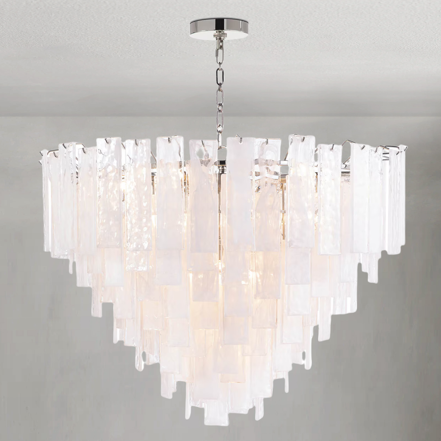 Swirled Water Glass Pane Tiered Nickel Chandelier