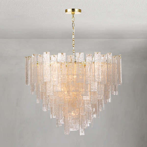 Swirled Water Glass Panel and Brass Cluster Chandelier
