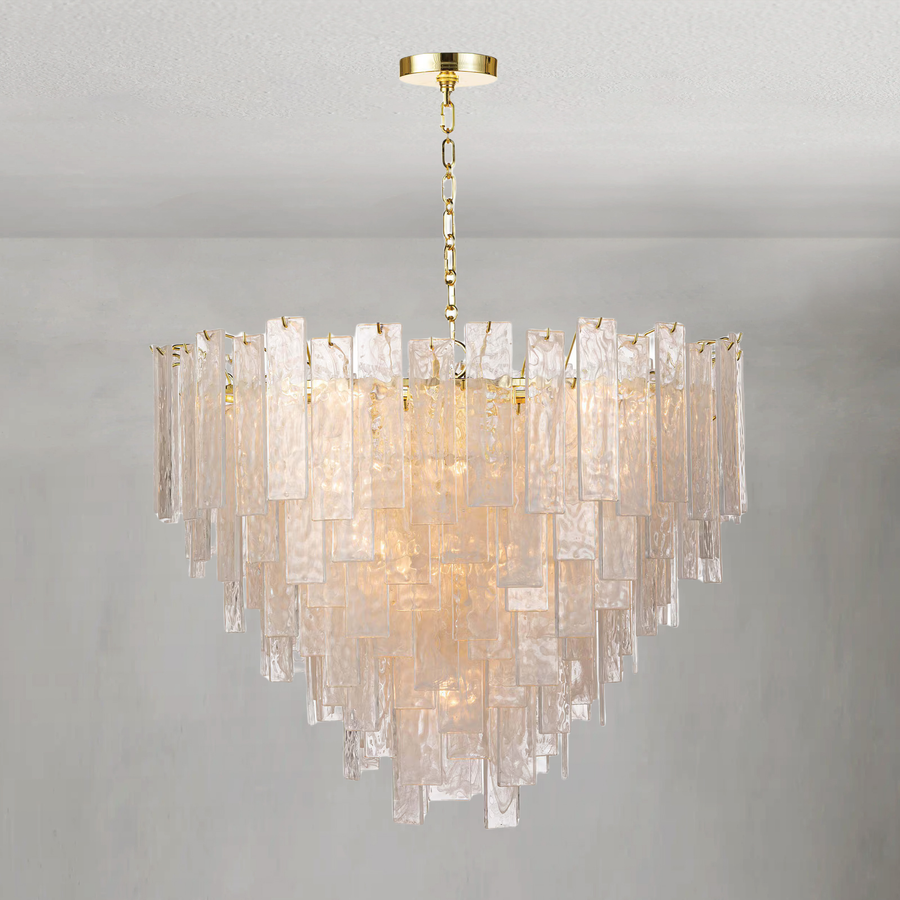 Swirled Water Glass Panel and Brass Cluster Chandelier