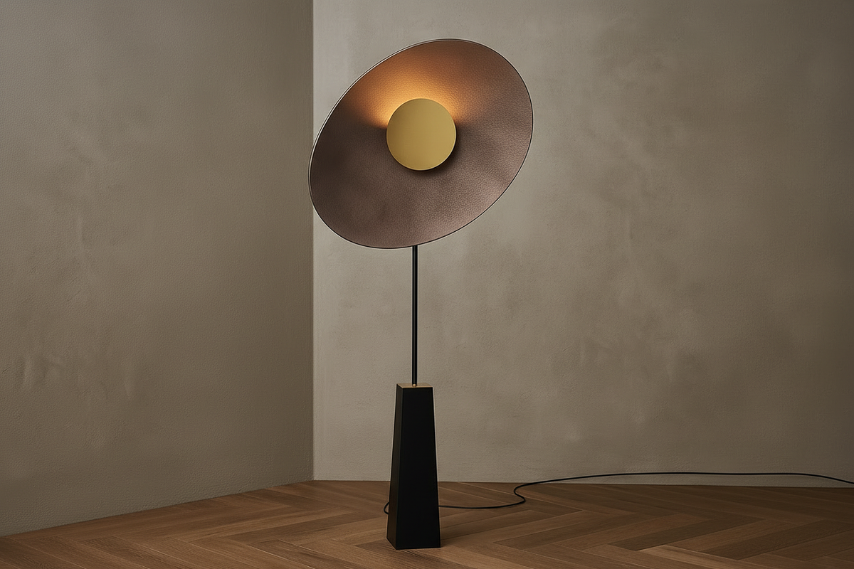 Swivel Bronze Disc and Blackened Steel Floor Lamp