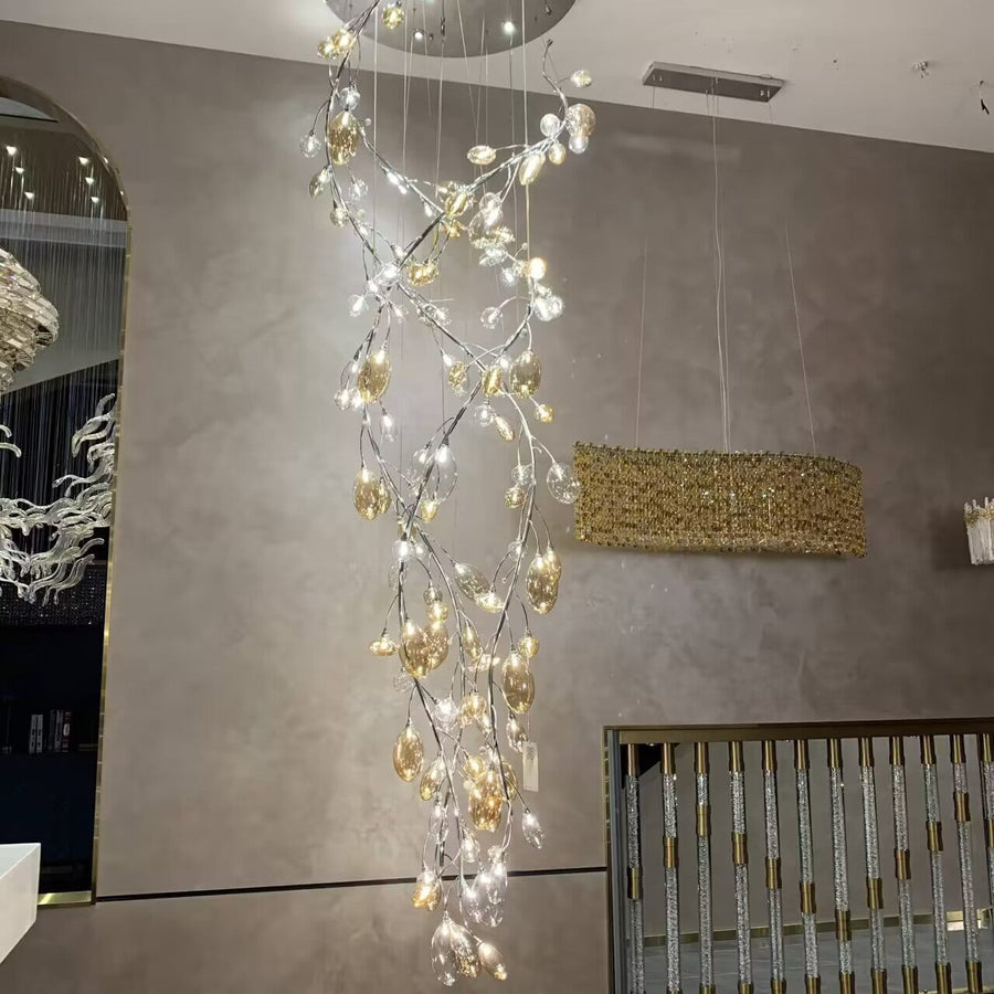 Tall Branching Brass and Glass Chandelier