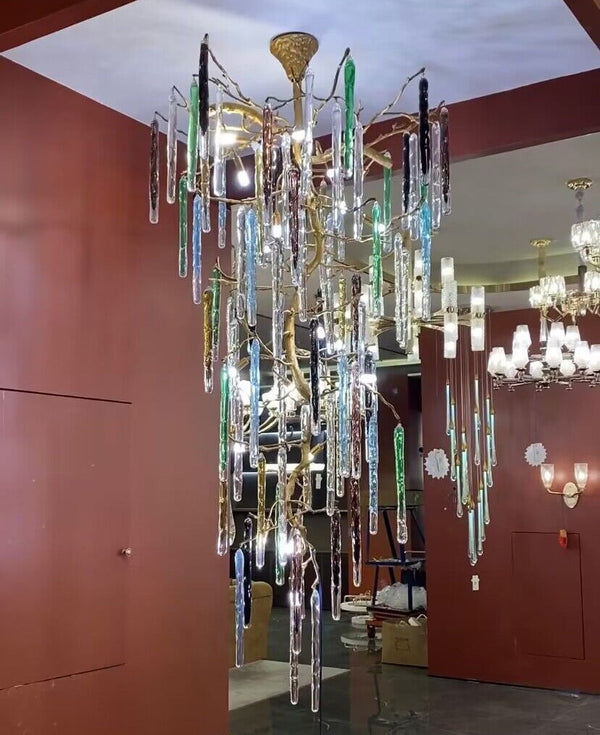 Tall Branching Brass Chandelier with Colored Glass