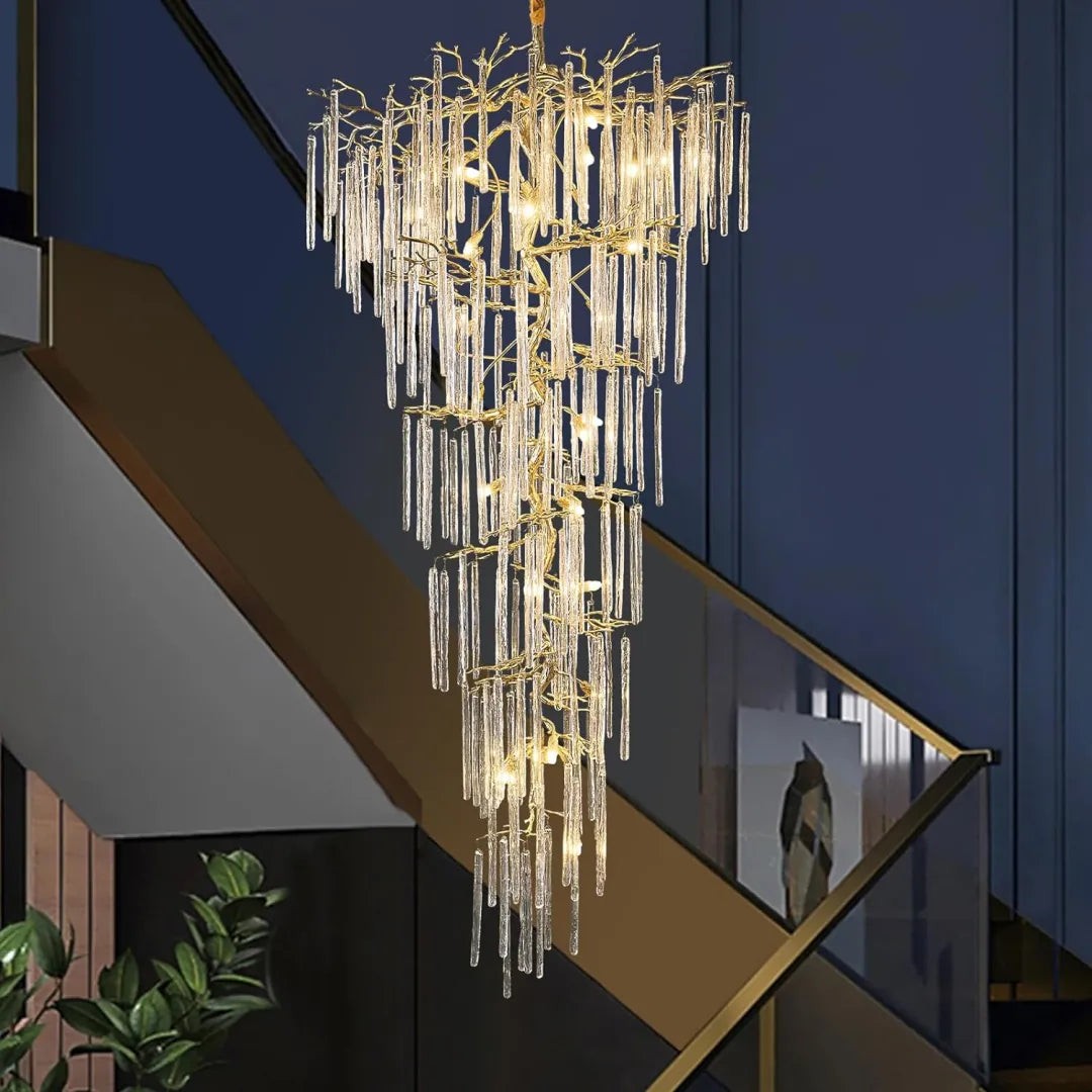 Tall Branching Brass Chandelier with Glass Discs