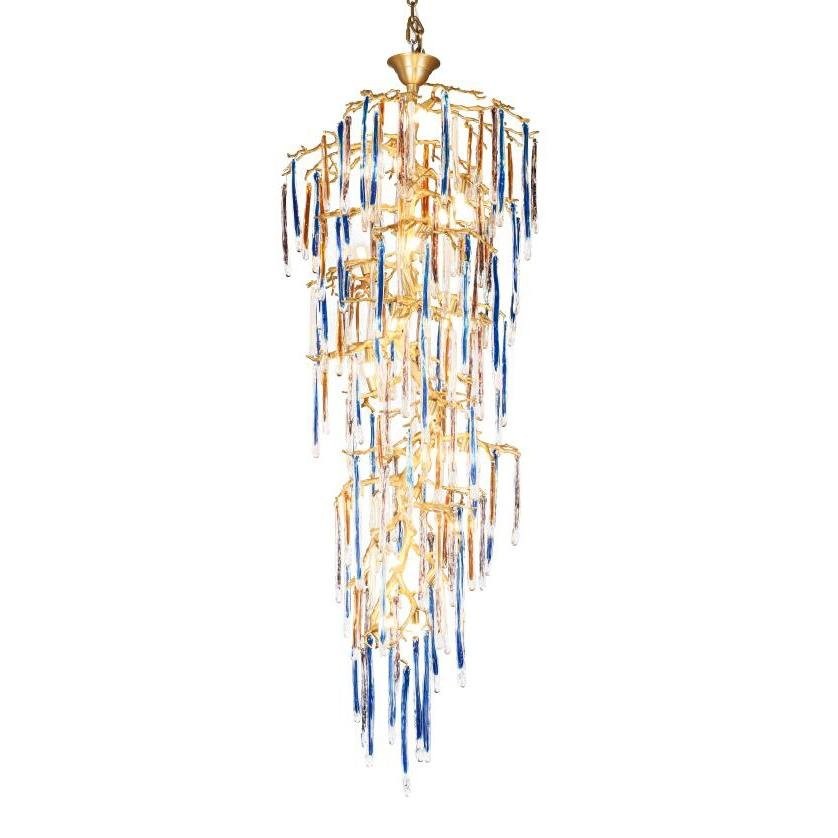 Tall Branching Brass Chandelier with Glass Teardrops