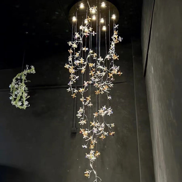 Tall Branching Crystal Blossom Steel Chandelier