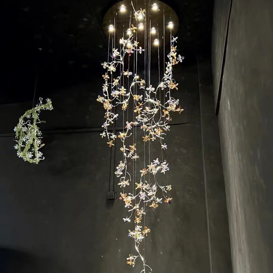 Tall Branching Crystal Blossom Steel Chandelier