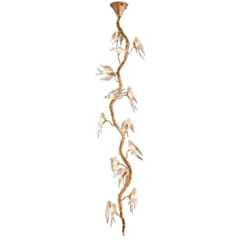 Tall Brass Branch Chandelier with Glass Birds