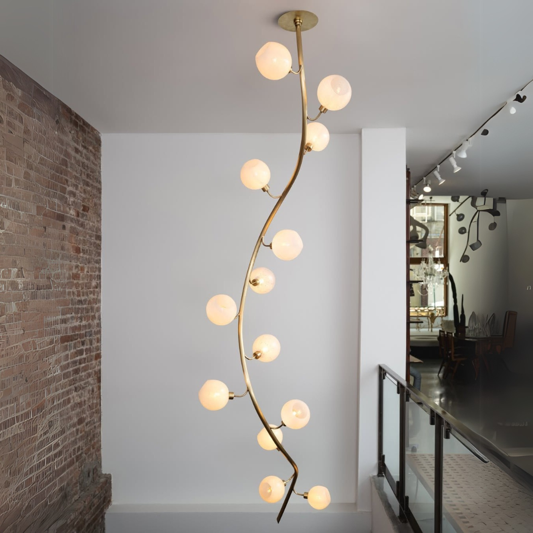 Tall Brass Frame Glass Globe Chandelier