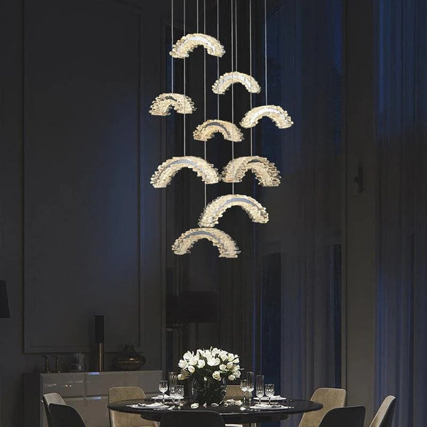 Tall Cascading Rock Crystal and Chrome Chandelier