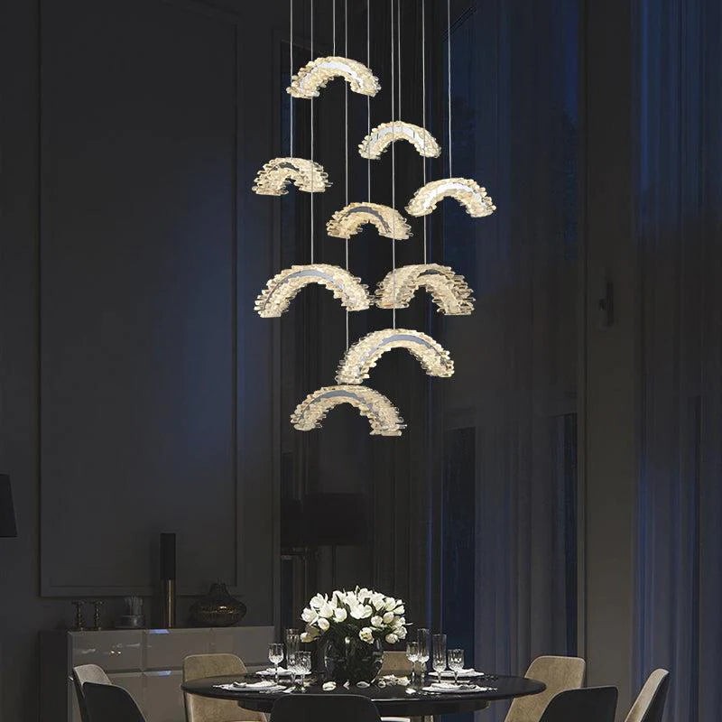 Tall Cascading Rock Crystal and Chrome Chandelier