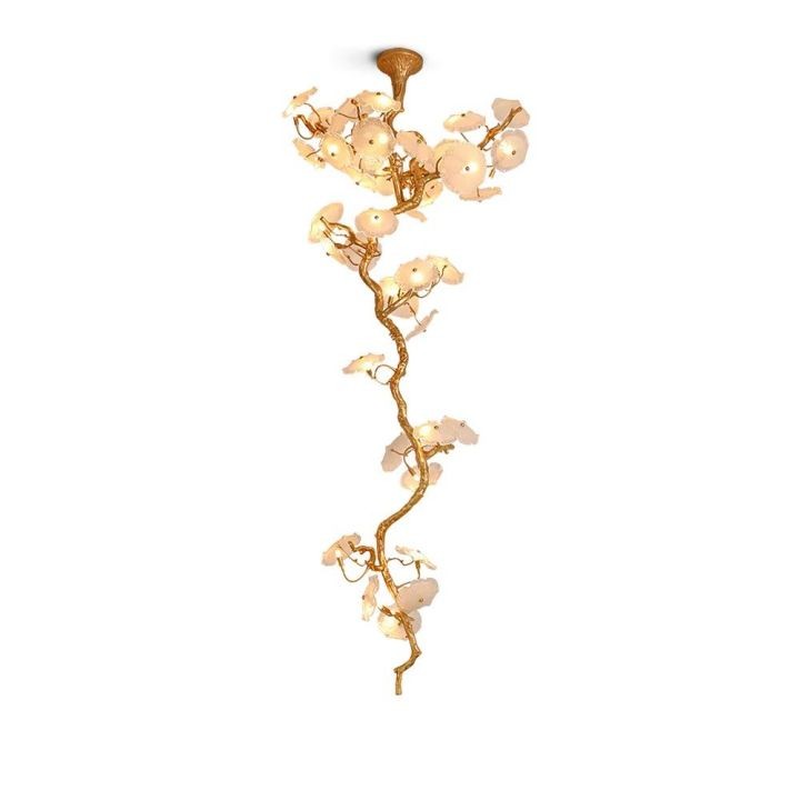 Tall Clustered Brass and Clear Glass Chandelier