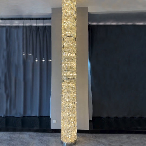 Tall Linear Crystal and Stainless Steel Chandelier