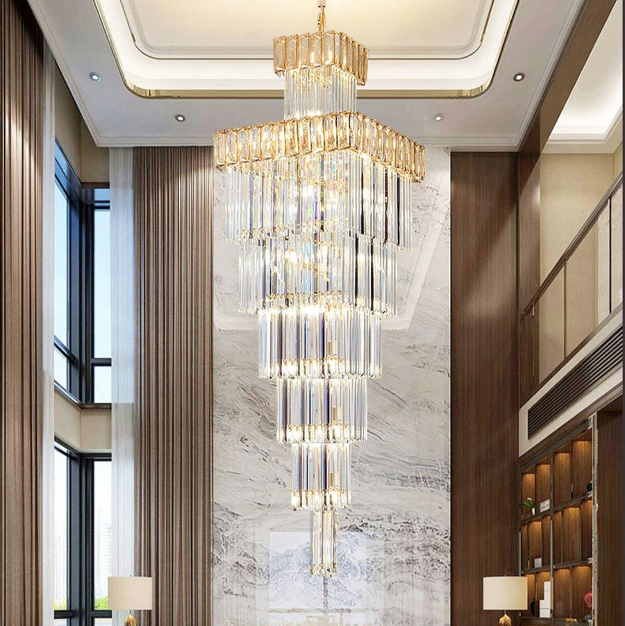 Tall Linear Crystal Column Staircase Chandelier