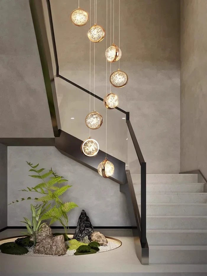 Tall Linear Gold Metal and Glass Chandelier