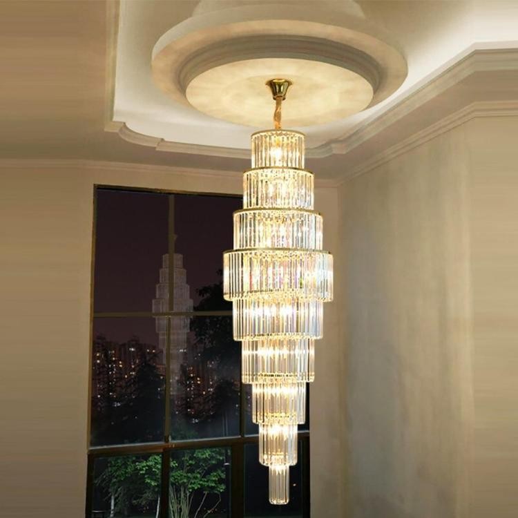 Tall Tiered Crystal and Gold Iron Chandelier